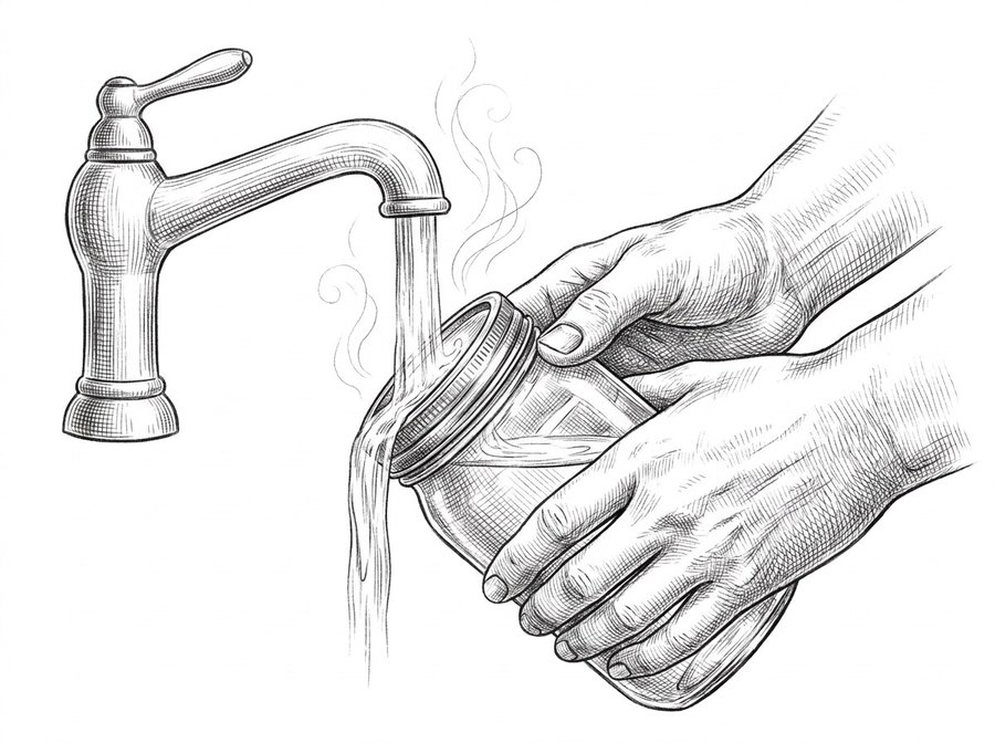 A stuck jar lid loosening under hot water